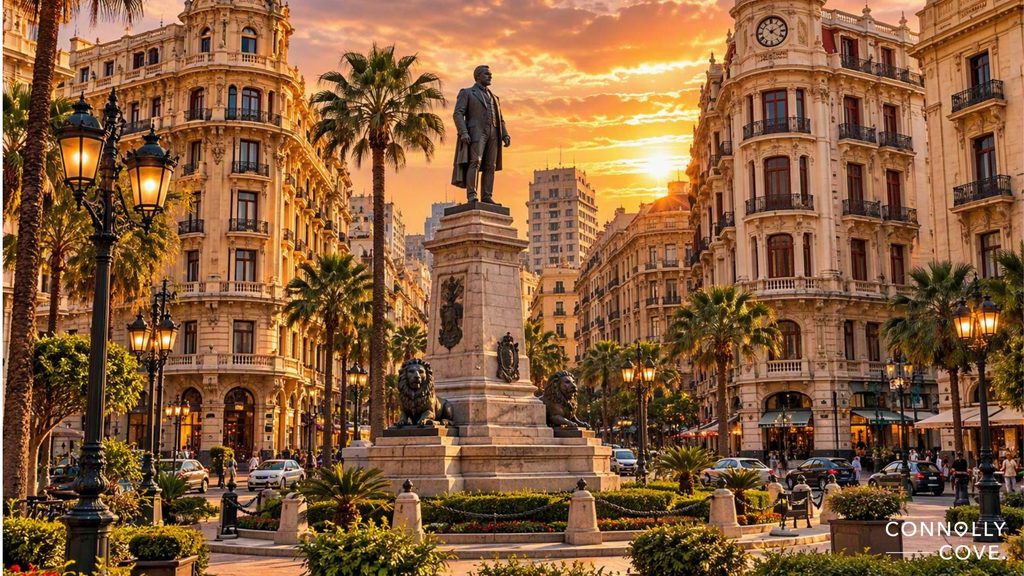 A vibrant city centre square at sunset with a statue on a plinth, surrounded by palm trees, ornate buildings, street lamps, and light traffic. The sky glows orange. Connolly Cove is written in the bottom right corner.