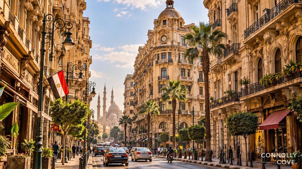 A busy city centre street in Cairo, Egypt, lined with historic buildings, palm trees, the Egyptian flag, and cars; a mosque with domes and minarets is visible in the background under a clear sky.