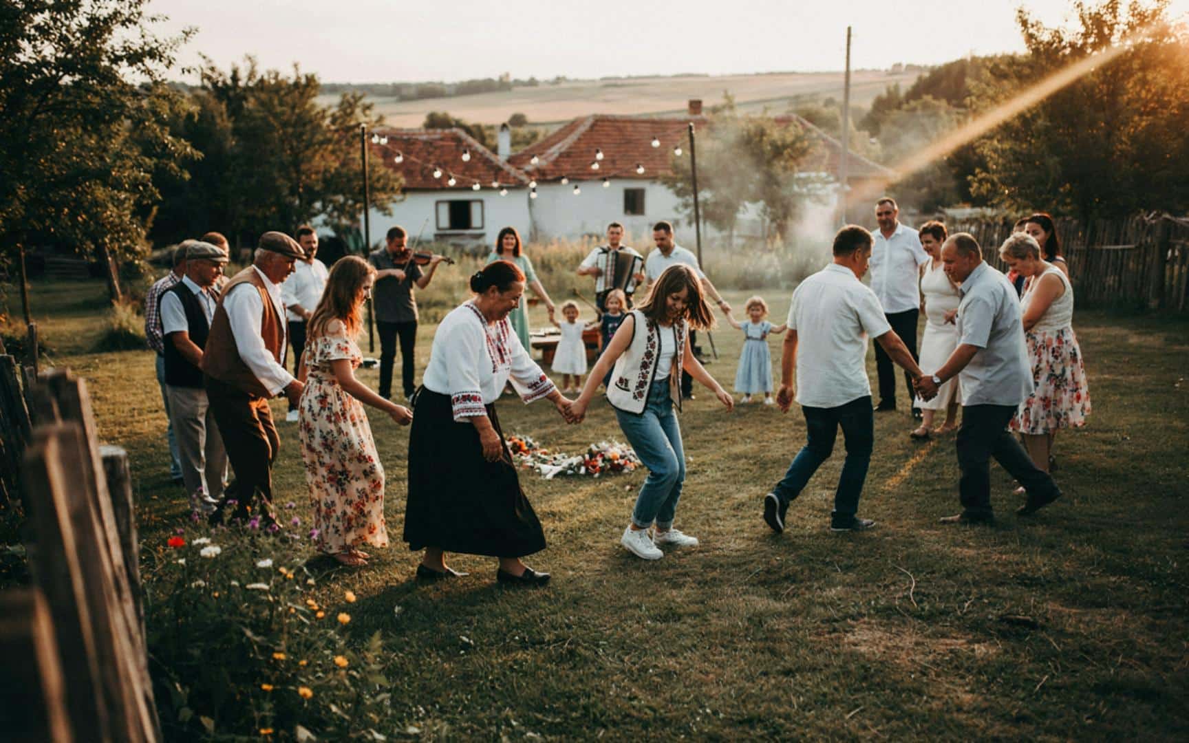 Eastern European folk dance at a village wedding, guests in embroidered costumes linking hands in a circle