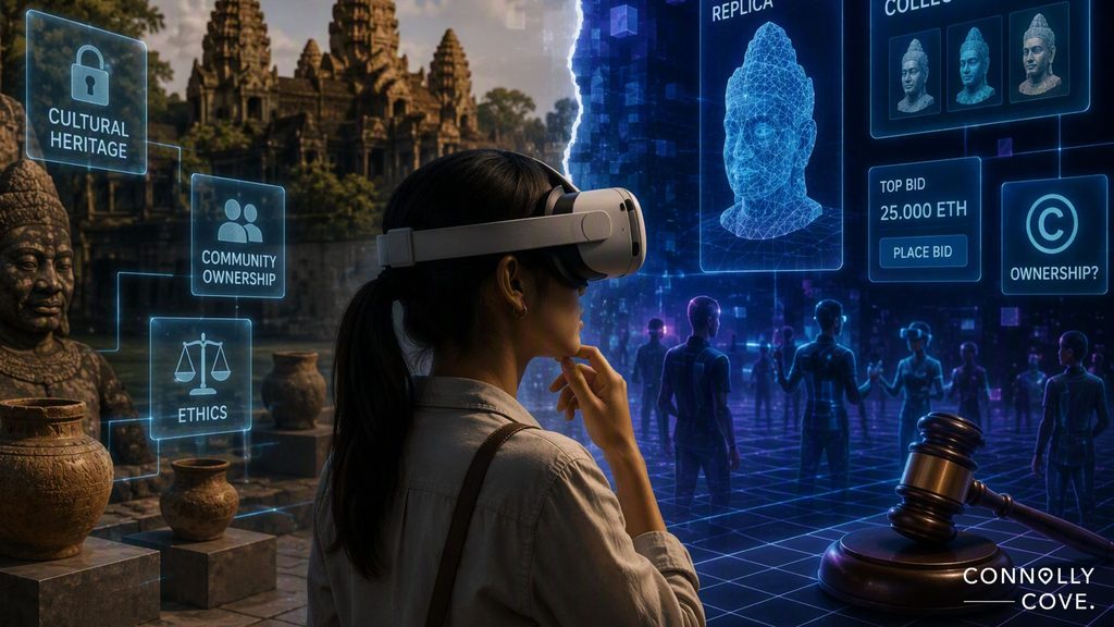 A woman wearing a VR headset explores a virtual auction of ancient statues in the Metaverse, with holograms of artefacts, digital bids in cryptocurrency, and icons for cultural heritage, ethics, and ownership. Ancient ruins are in the background.