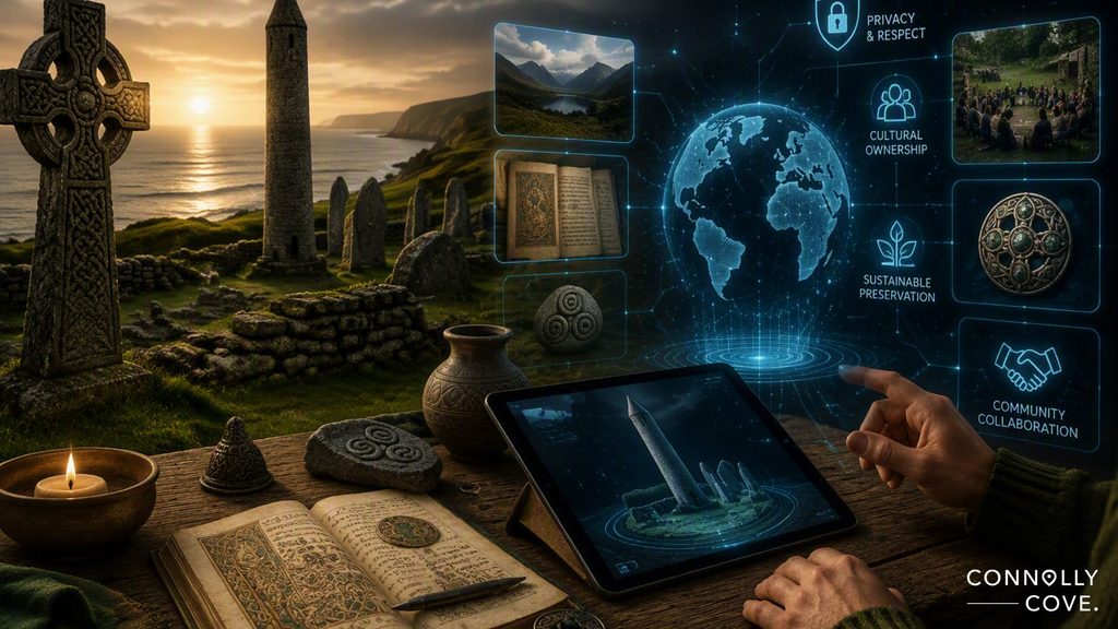 A person uses a tablet at a Celtic archaeological site, viewing digital icons for privacy, culture, preservation, and community. Ancient artefacts and books are on the table; a digital globe hologram appears above the tablet, hinting at how the Metaverse connects heritage with cutting-edge technology.