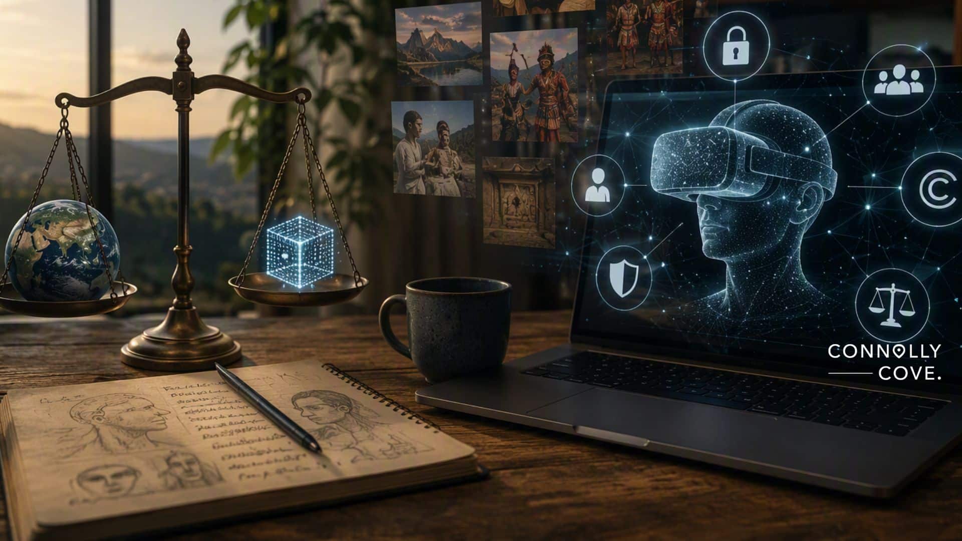 A virtual reality figure appears on a laptop beside legal symbols, a globe on scales, a notebook, and photographs, representing digital law, technology, metaverse advancements, and global connections.