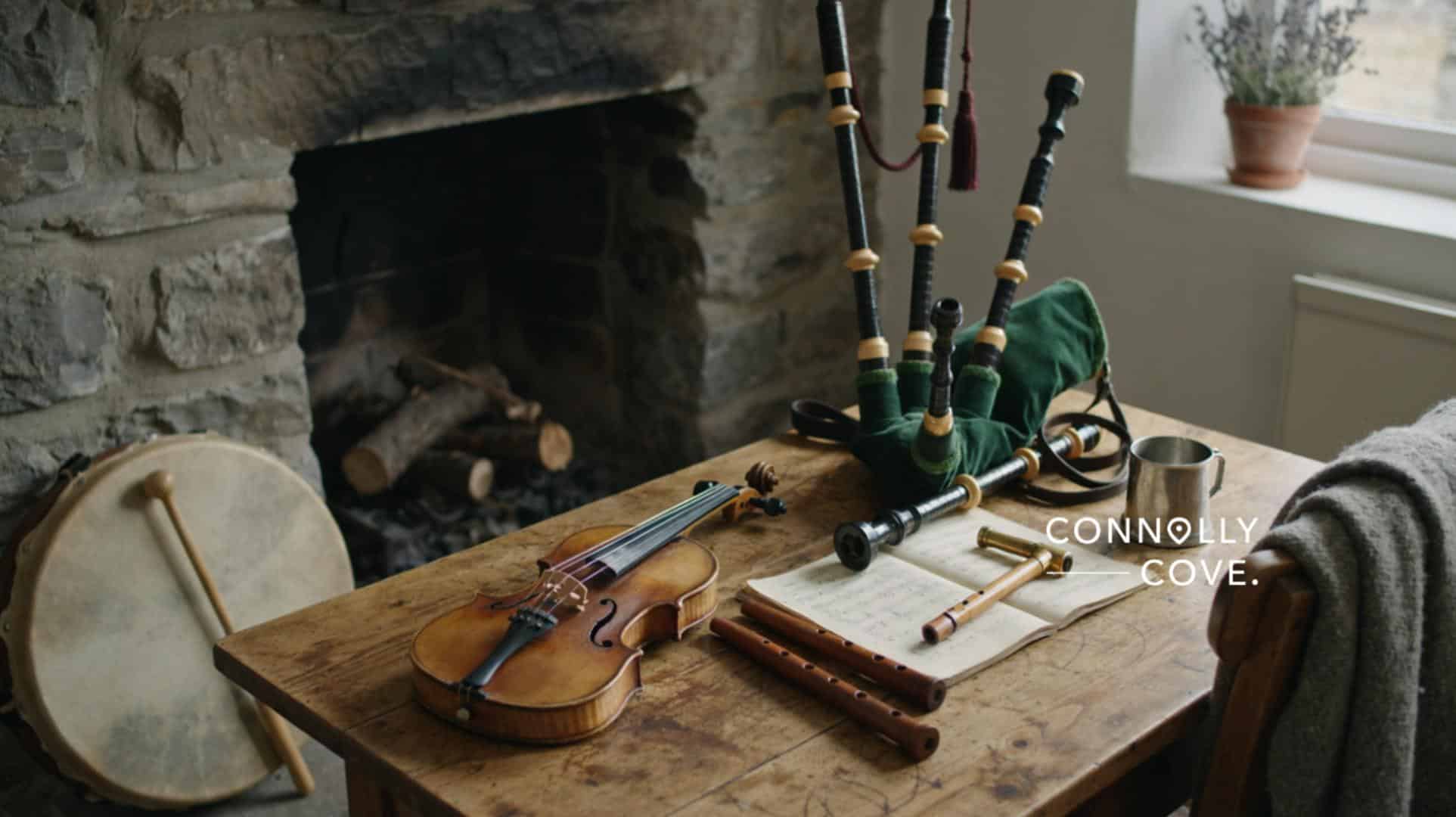 A wooden table with a violin, drum, Irish bagpipes, and flutes near sheet music evokes the spirit of traditional Irish music, set by a stone fireplace and a window with a potted plant.