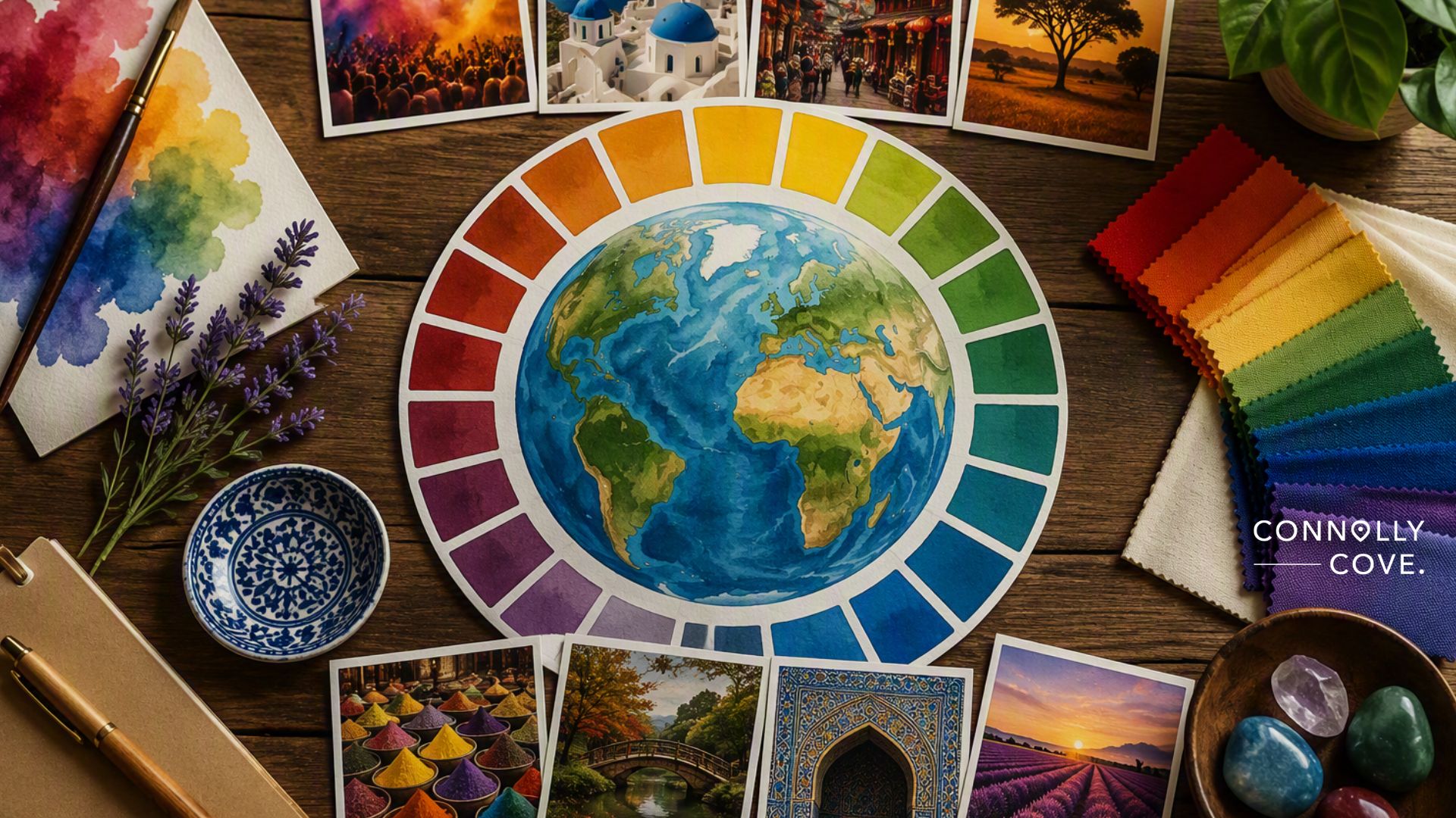 A watercolour painting of Earth is surrounded by colourful swatches, travel photos, fabric samples, a pen, lavender, and a blue patterned dish on a wooden table. Highlighting the influence of colour in our lives, each element tells its own story through vibrant hues and textures. The Connolly Cove logo appears on the right.
