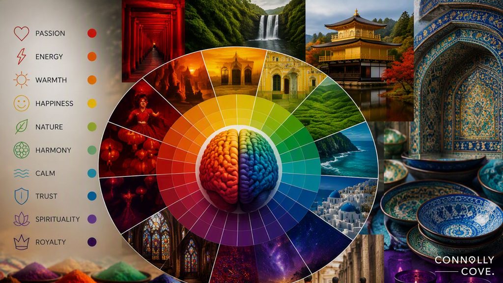 A colourful wheel with a brain at the centre illustrates the influence of colour by connecting emotions and colours, surrounded by vivid landscapes and architecture. Colourful dots and their associated emotions are listed along the left side, highlighting the Colour Language at play.