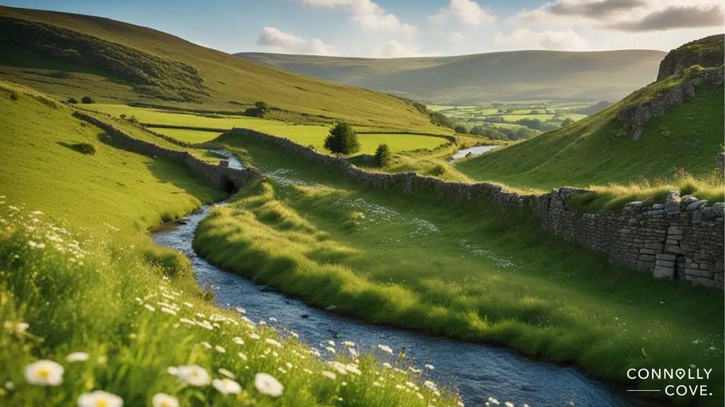 A winding stream flows through a lush green valley with rolling hills, stone walls, and wildflowers under a partly cloudy sky—an idyllic scene that echoes the spirit of Green Lore and sustainability championed by Irish Eco-Cultural Movements. Connolly Cove is written in the bottom right corner.