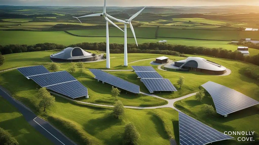 Aerial view of a green energy facility with solar panels and wind turbines, surrounded by grassy fields and modern buildings. Rolling hills and farmland are visible in the background, reflecting Ireland’s dedication to sustainability and its rich legacy of Irish Eco-Cultural Movements.