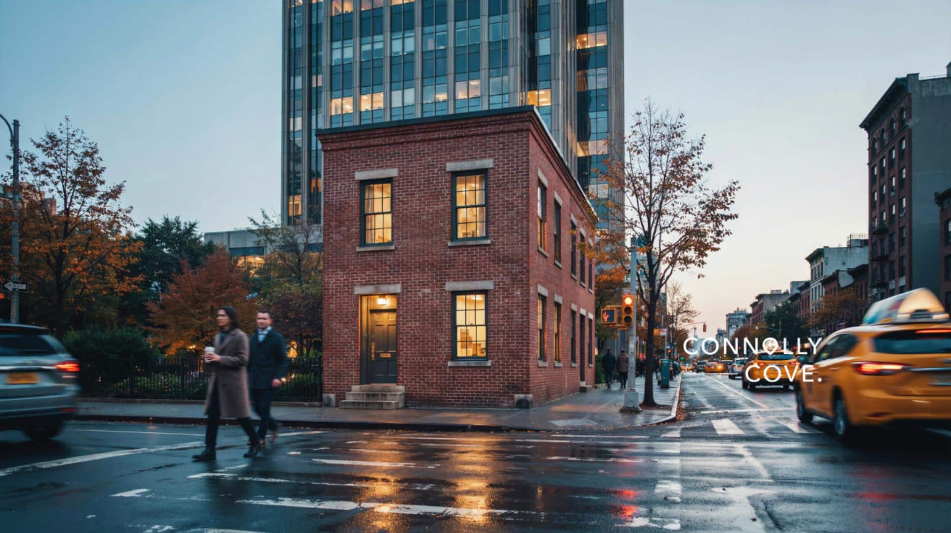 Mad Men's New York locations: a red brick Third Avenue building at dusk beneath a Midtown Manhattan glass office tower