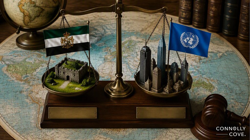A balance scale holds a castle representing micronations with a flag on one side and skyscrapers with a UN flag on the other, set on a world map with a gavel nearby.