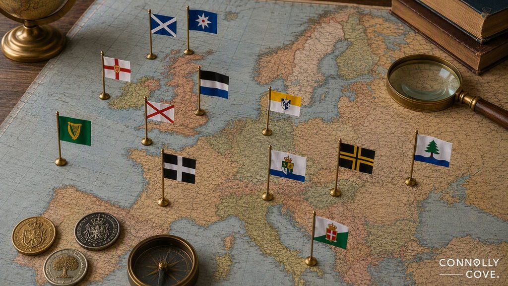 A vintage map of Europe with various small regional flags and micronations pinned on it, surrounded by old coins, a magnifying glass, and a compass. The words CONNOLLY COVE. appear in the bottom right corner.