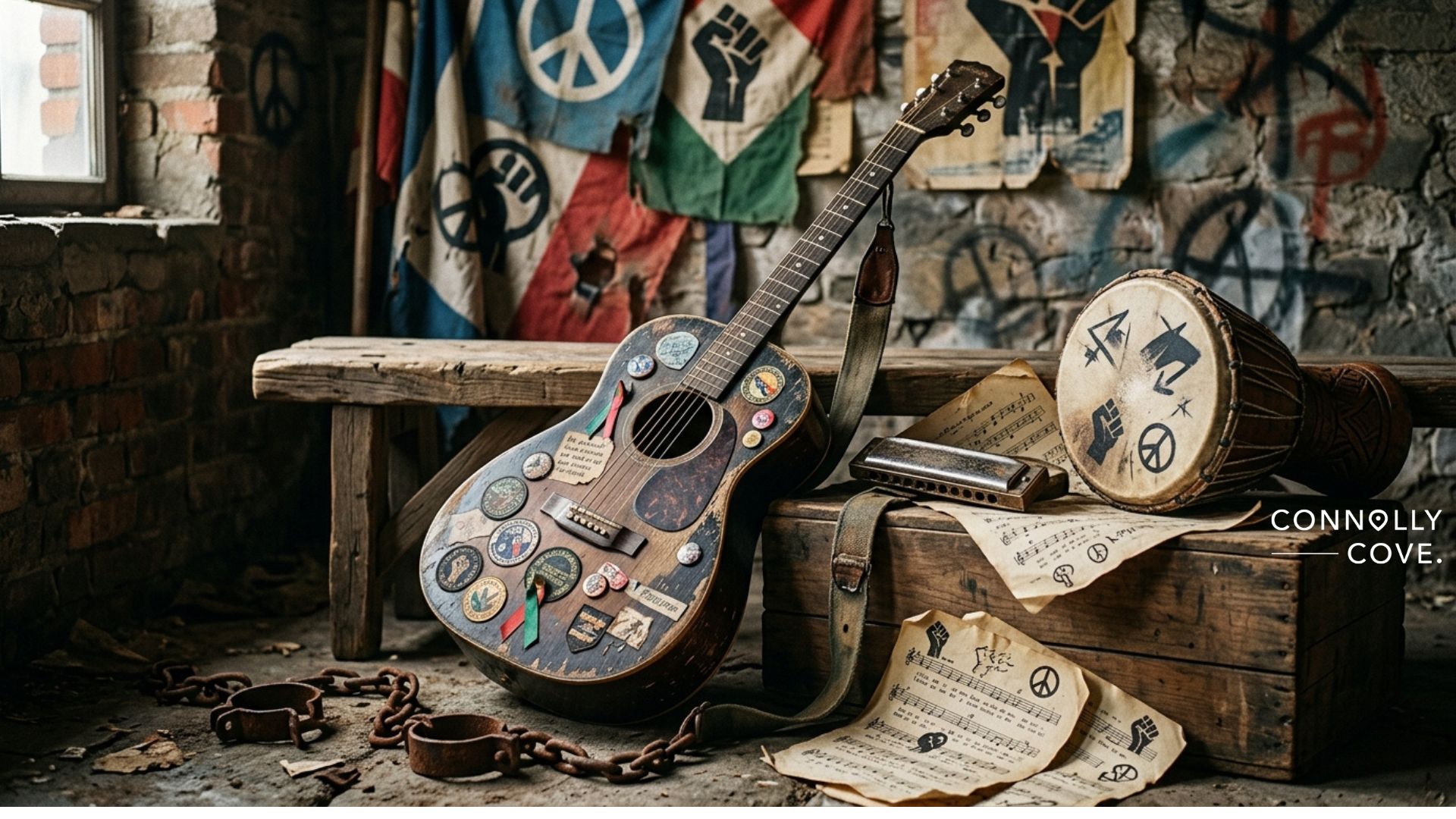 An acoustic guitar covered in political stickers, a djembe drum, a harmonica, and sheet music rest on a wooden bench against a wall of protest flags, embodying music as resistance.