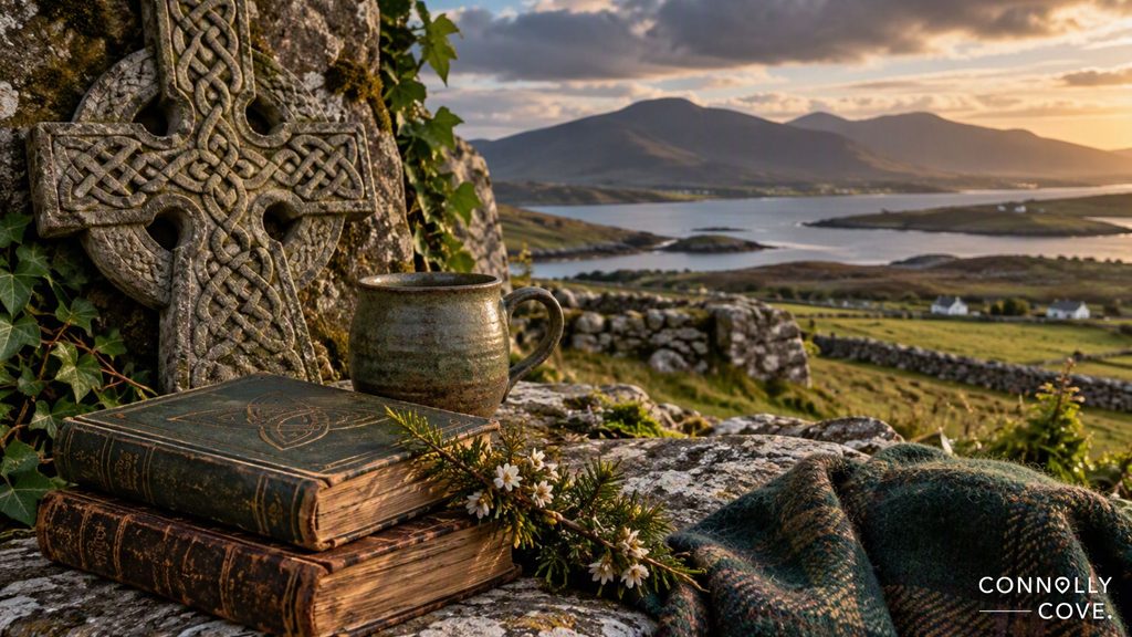 A stone Celtic cross, old books filled with sayings, and a mug rest on mossy rocks overlooking a scenic Irish landscape with hills, a lake, and cottages at sunset.