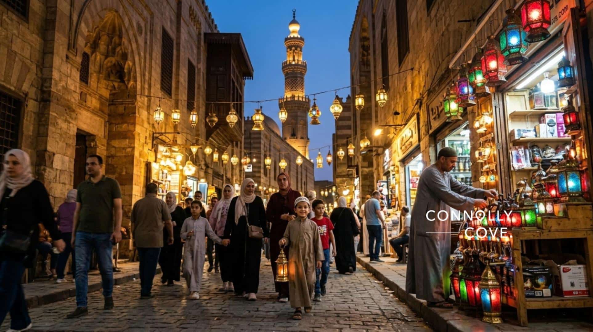 Ramadan in Cairo at dusk, with lanterns strung above El Moez Street and families walking past historic minarets