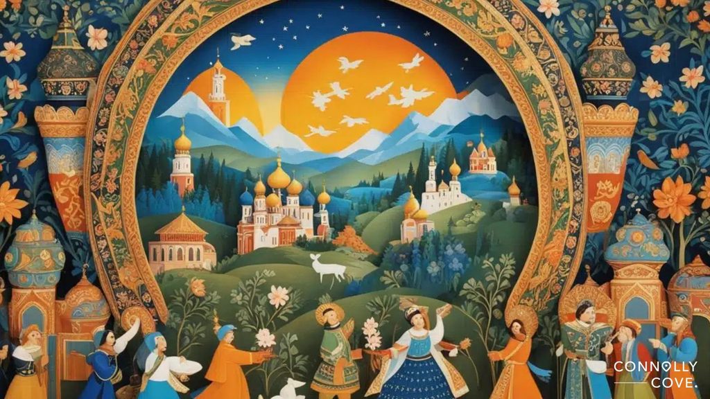 Colourful Traditional Russian Folk Art scene with people dancing, animals, trees, and buildings with onion domes, set against mountains, a sunset, and flying birds, surrounded by ornate floral patterns. Connolly Cove is written in the corner.