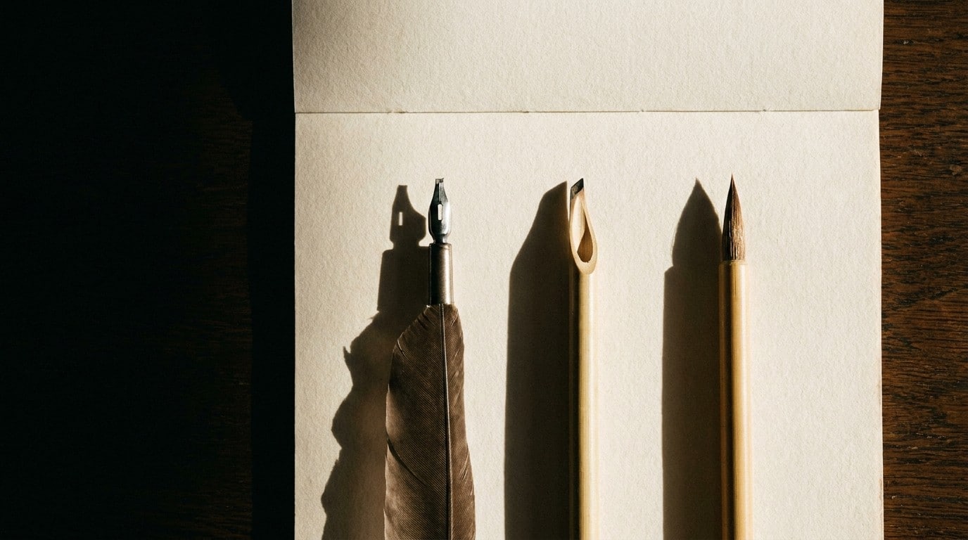 Quill, reed qalam and hair brush laid side by side, the three core tools of the art of calligraphy