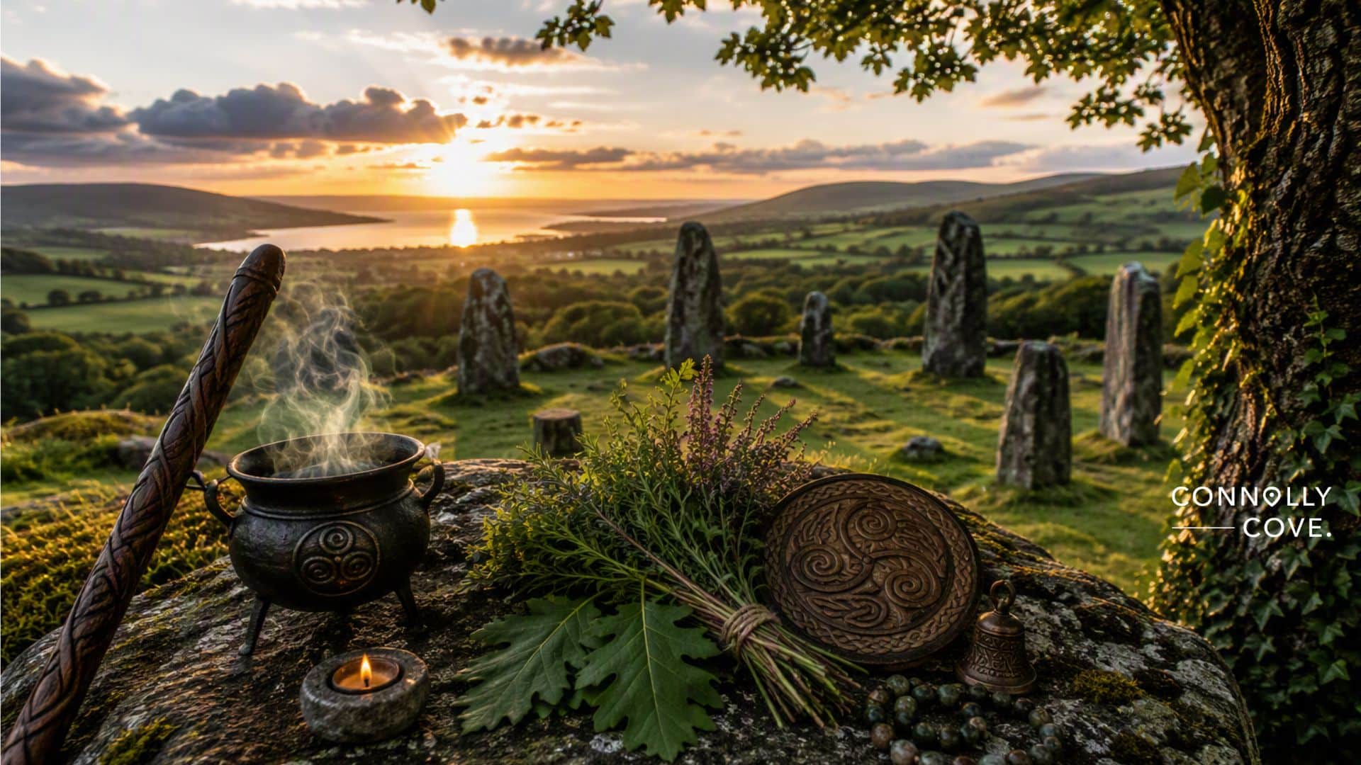 A sunset over a stone circle in a green landscape, with a cauldron, candle, herbs, and carved plates on a rock in the foreground—a scene reminiscent of The Druidic Influence. The words Connolly Cove appear on the right.