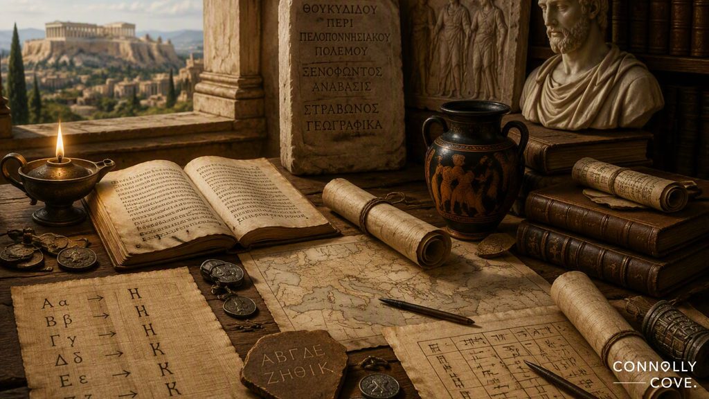 A desk with ancient Greek scrolls, coins, a map, an oil lamp, a bust, pottery, and an open book—alongside references to Druids and their wisdom—invites curiosity and reflection, with the Acropolis visible through a window in the background.