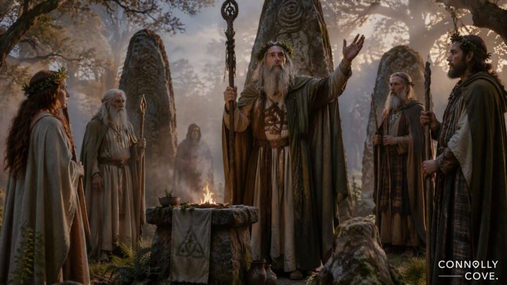 A group of people in robes—likely druids—stand around a stone altar with a fire, surrounded by tall standing stones in a forest. The central figure holds a staff and gestures upwards, evoking the mystical rituals of ancient Celtic ceremonies. The scene appears both ancient and ceremonial.