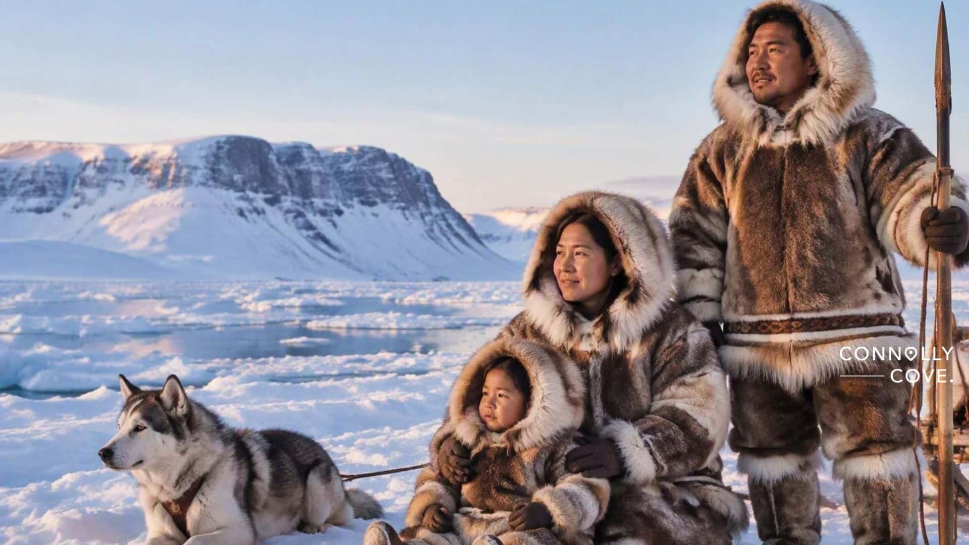 A family dressed in fur parkas sits on snowy ground by icy water, embracing the Inuit way, with a husky lying beside them and snowy mountains in the background.