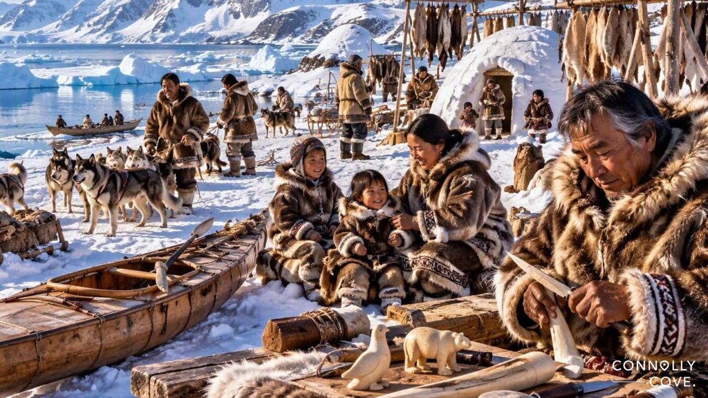 A group of Inuit people in fur clothing sit and work near sled dogs, kayaks, and animal carvings on snow, with icy mountains and an igloo in the background, reflecting the Inuit way of life.