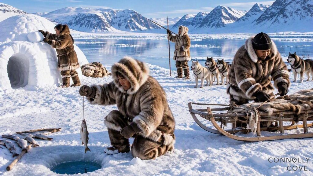 Four people in fur parkas ice fish and prepare sledges near an igloo, with sledge dogs and snowy mountains behind them—a glimpse into the Inuit way of life. One person pulls a fish from an ice hole; another works by a sledge.