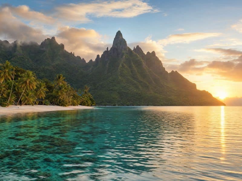 Dawn over a volcanic Pacific island lagoon, the ocean world where the traditional tattoos of Polynesia began
