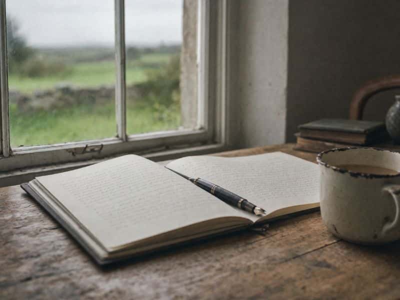 Open workbook with handwritten Irish words on a wooden table, representing the Irish language revival today