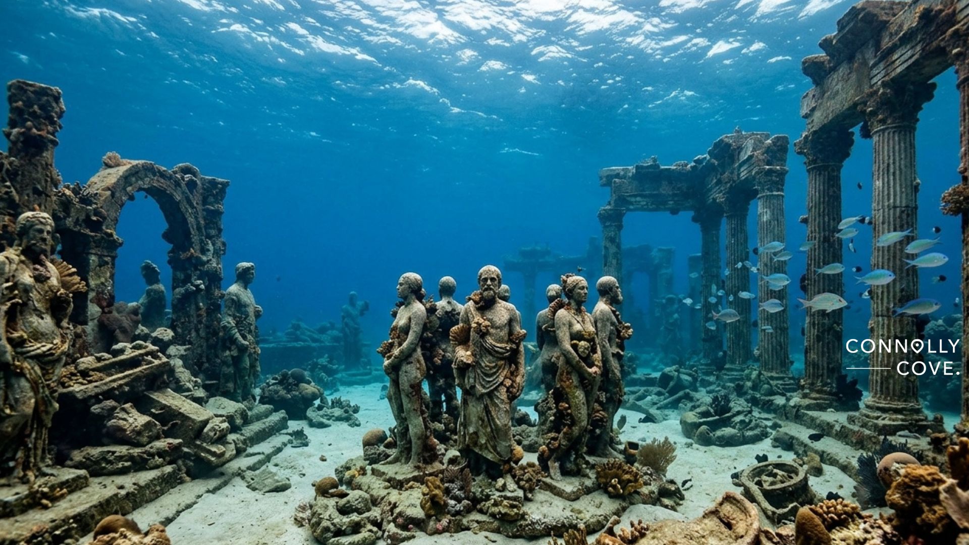 Subaquatic human statues arranged among ancient stone ruins and columns, with small fish swimming nearby in this sunken city. Underwater Wonders: Diving into Sunken Cities and Sculpture Parks