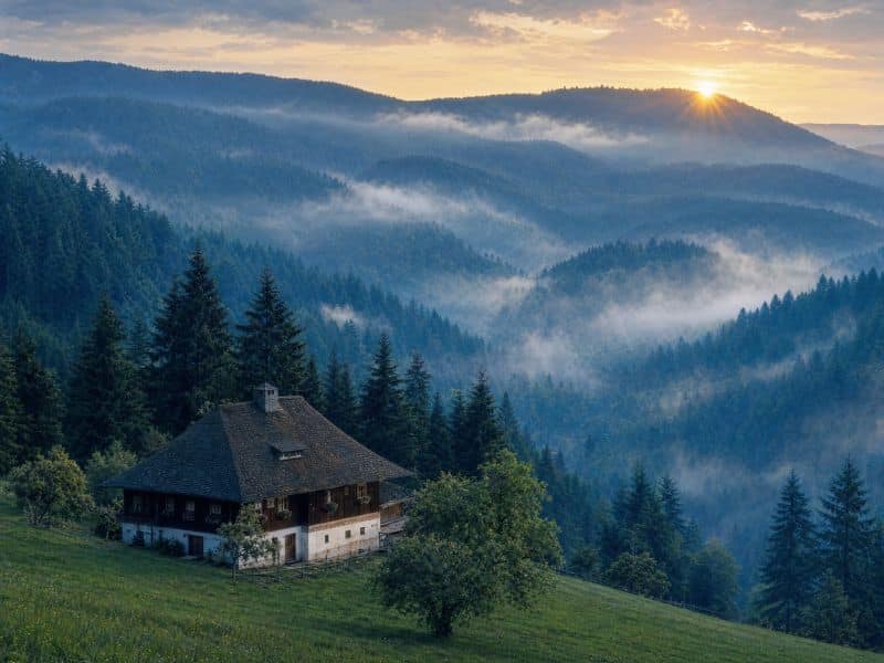 Illustration of misty Black Forest ridges at dawn, with dark fir and spruce slopes above a traditional valley farmhouse