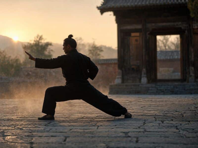Martial artist holding a low stance at dawn in a stone courtyard, evoking the cultural roots of martial arts
