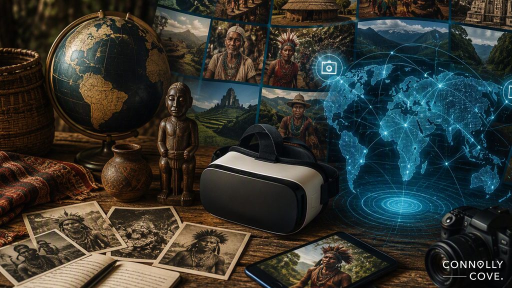 A desk with a globe, tribal figurine, VR headset, camera, vintage photographs, and ethnographic images with a digital world map in the background, representing travel and cultural exploration through virtual reality experiences and a focus on Endangered Cultures.