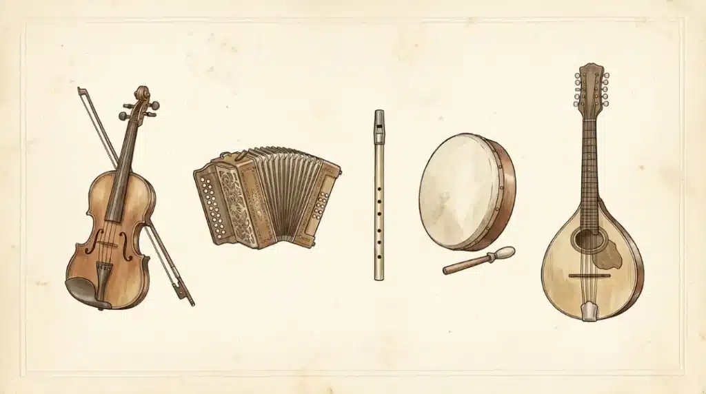 Illustrated plate of ceilidh instruments: fiddle, accordion, tin whistle, bodhrán and bouzouki