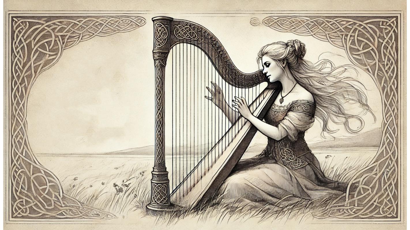 A woman in a flowing dress plays an Irish harp while kneeling in a grassy field, surrounded by intricate Celtic knot patterns in a monochrome, illustrative style—highlighting the significance of the Irish Harp in Celtic tradition.