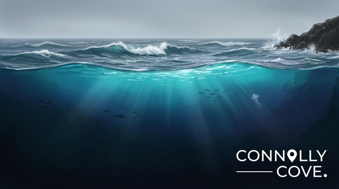 Digital illustration of an ocean scene inspired by Earth’s oceans, with waves, sun rays shining underwater, a jellyfish, and fish. Rocky coastline is visible to the right. Connolly Cove logo is at the bottom right.