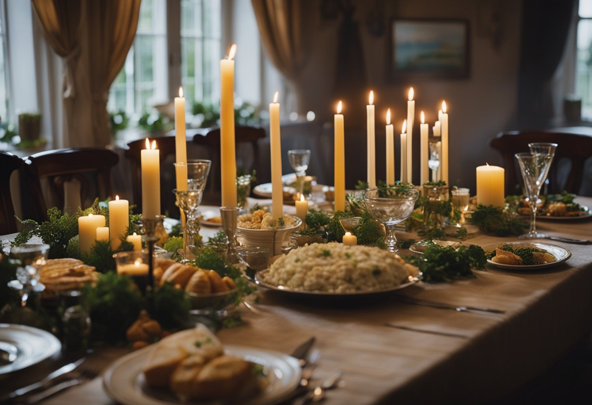 The Irish wake - A traditional Irish wake is depicted with a table filled with food and drink, surrounded by mourners sharing stories and memories of the deceased. A candle burns in the center, symbolizing the presence of the departed