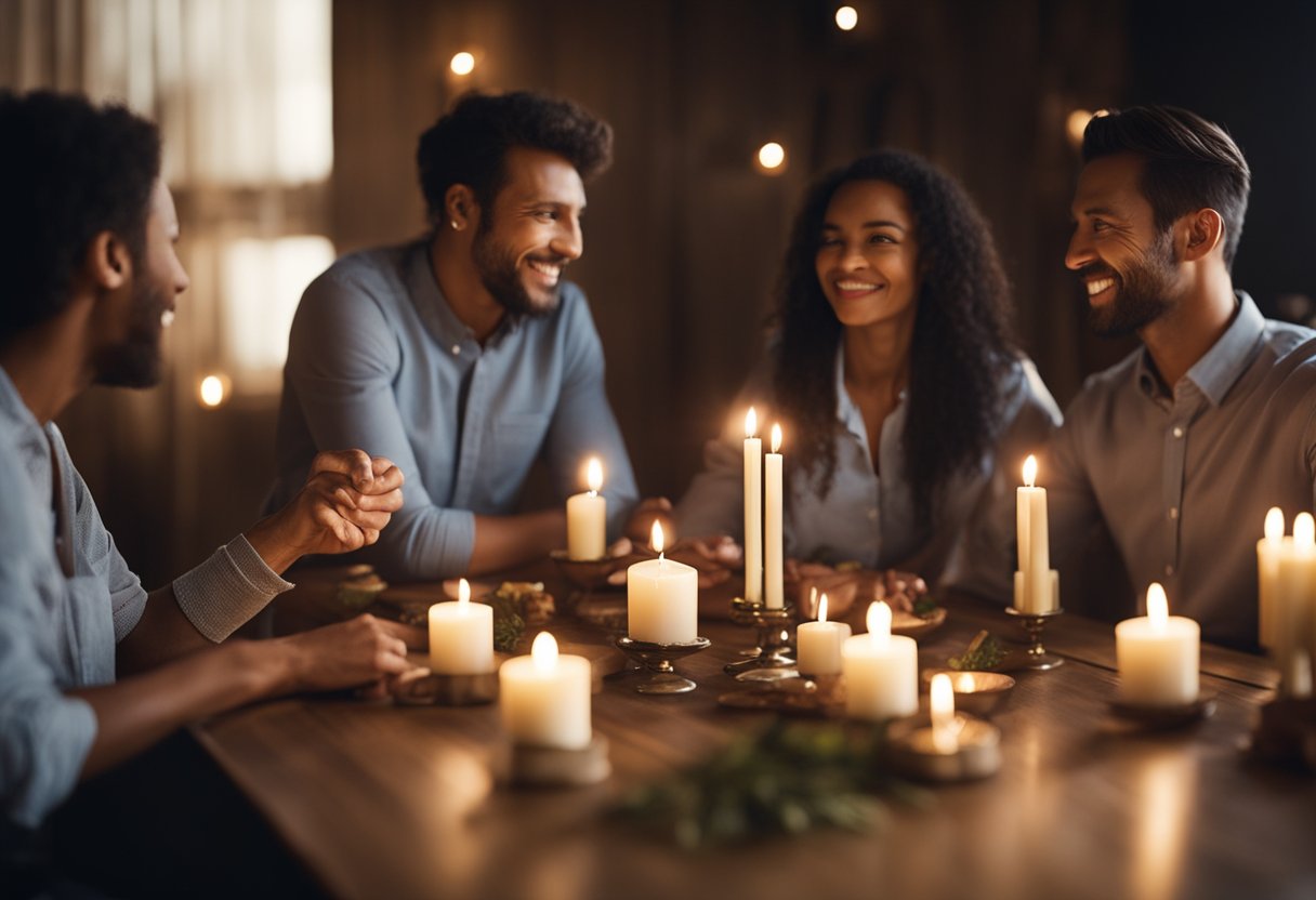The Irish wake - A group gathers around a wooden table, sharing stories and laughter. Candles flicker, casting a warm glow on the room. A sense of both sorrow and joy fills the air, as they celebrate the life of a loved one