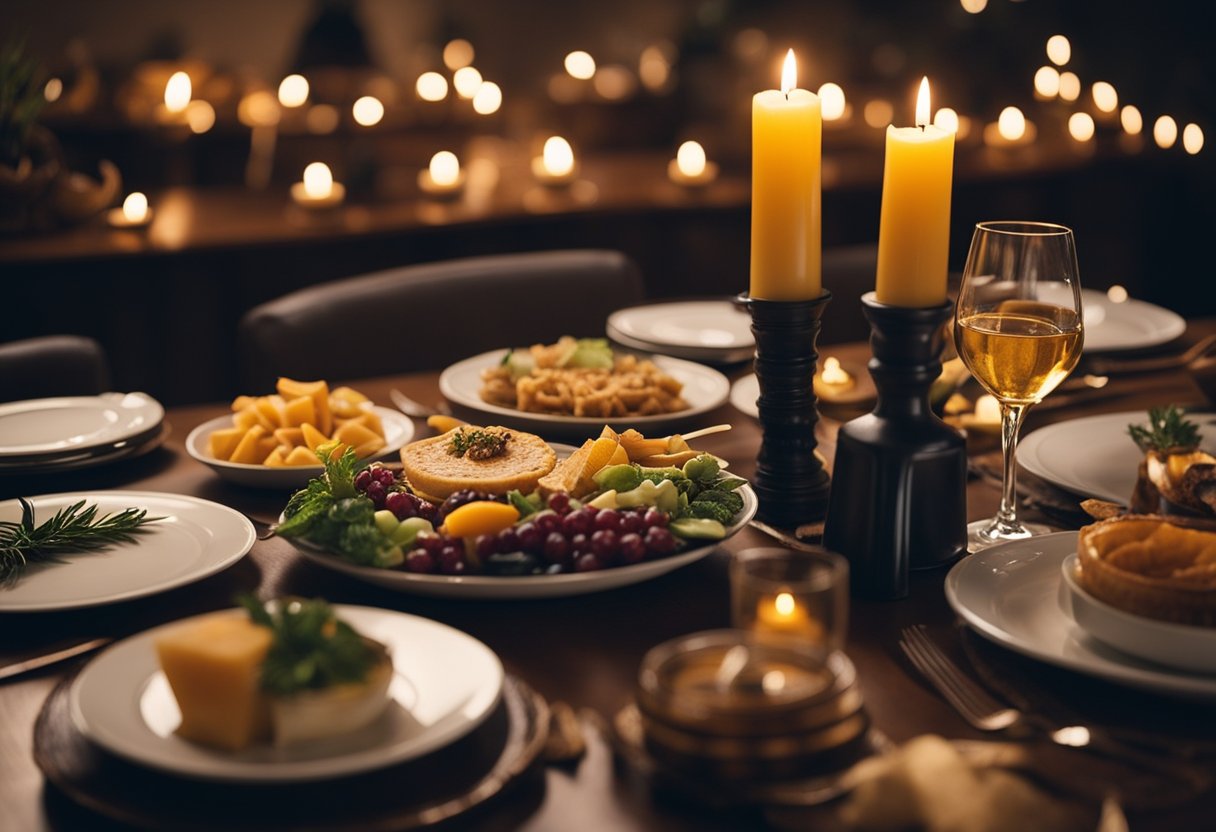 The Irish wake - A table set with a spread of food and drink, surrounded by mourners sharing stories and laughter. Candles flicker, casting a warm glow over the room
