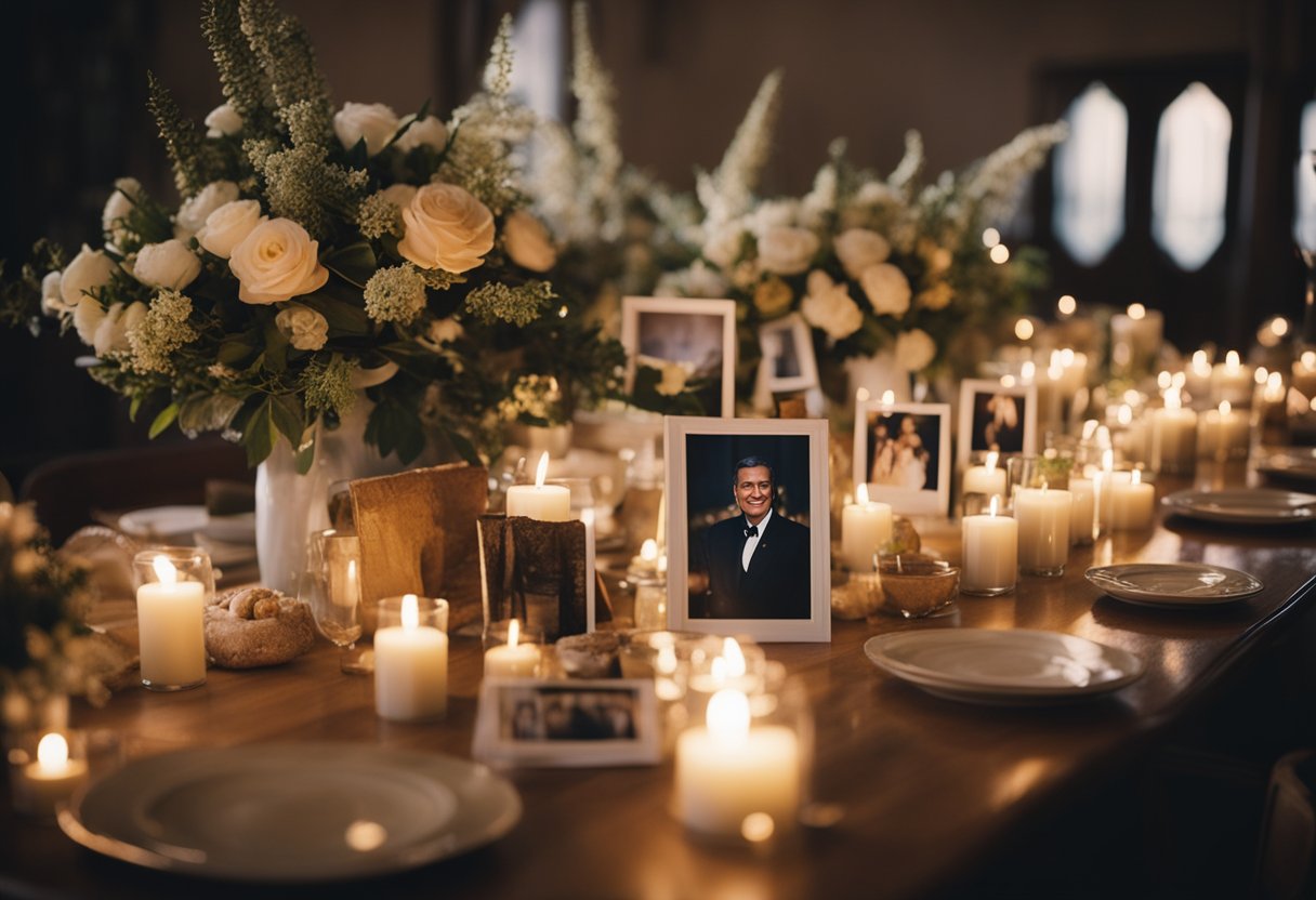 The Irish wake - A table adorned with photographs, candles, and flowers. People sharing stories and raising glasses in a toast. A sense of both mourning and celebration fills the room