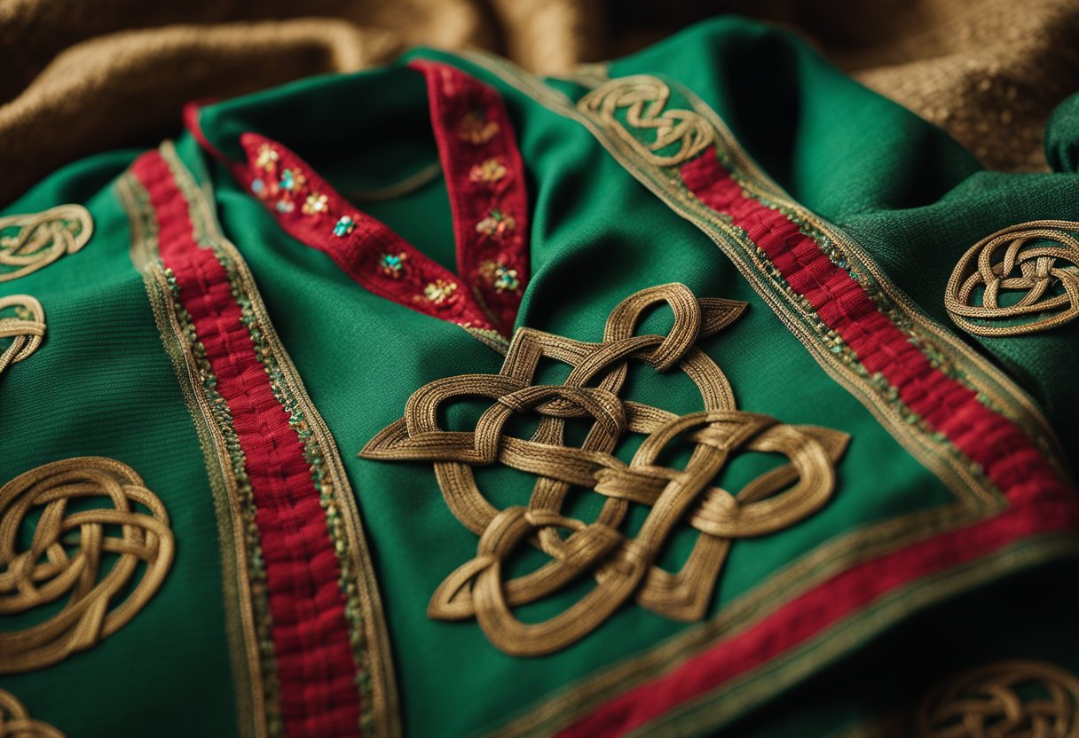 Traditional Irish Dress- A vibrant green tunic with intricate Celtic knot embroidery contrasts against the rough, earthy texture of a tweed shawl. Rich, warm hues of red, gold, and blue add depth and character to the traditional Irish dress