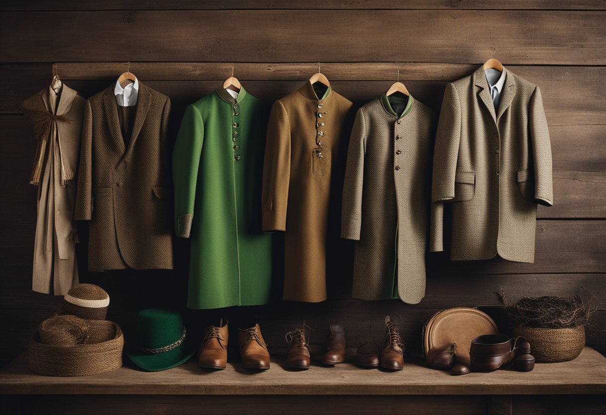 Traditional Irish Dress- A display of traditional Irish clothing, from simple tunics to intricate tweed garments, arranged on a rustic wooden backdrop