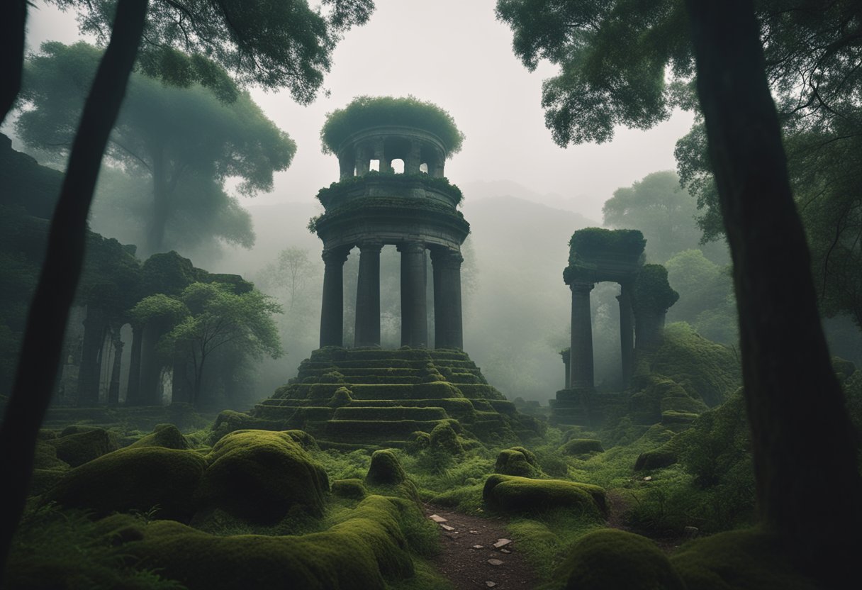 Fionn mac Cumhaill - A misty forest with a towering figure in the distance, surrounded by ancient ruins and mystical symbols