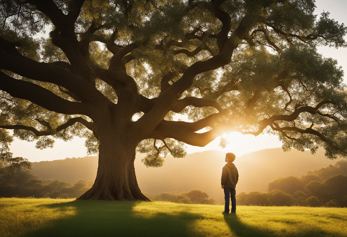 Fionn mac Cumhaill - A young boy stands in front of a towering oak tree, gazing up at its branches with wonder. The setting sun casts a warm glow over the lush, green landscape, creating a serene and magical atmosphere
