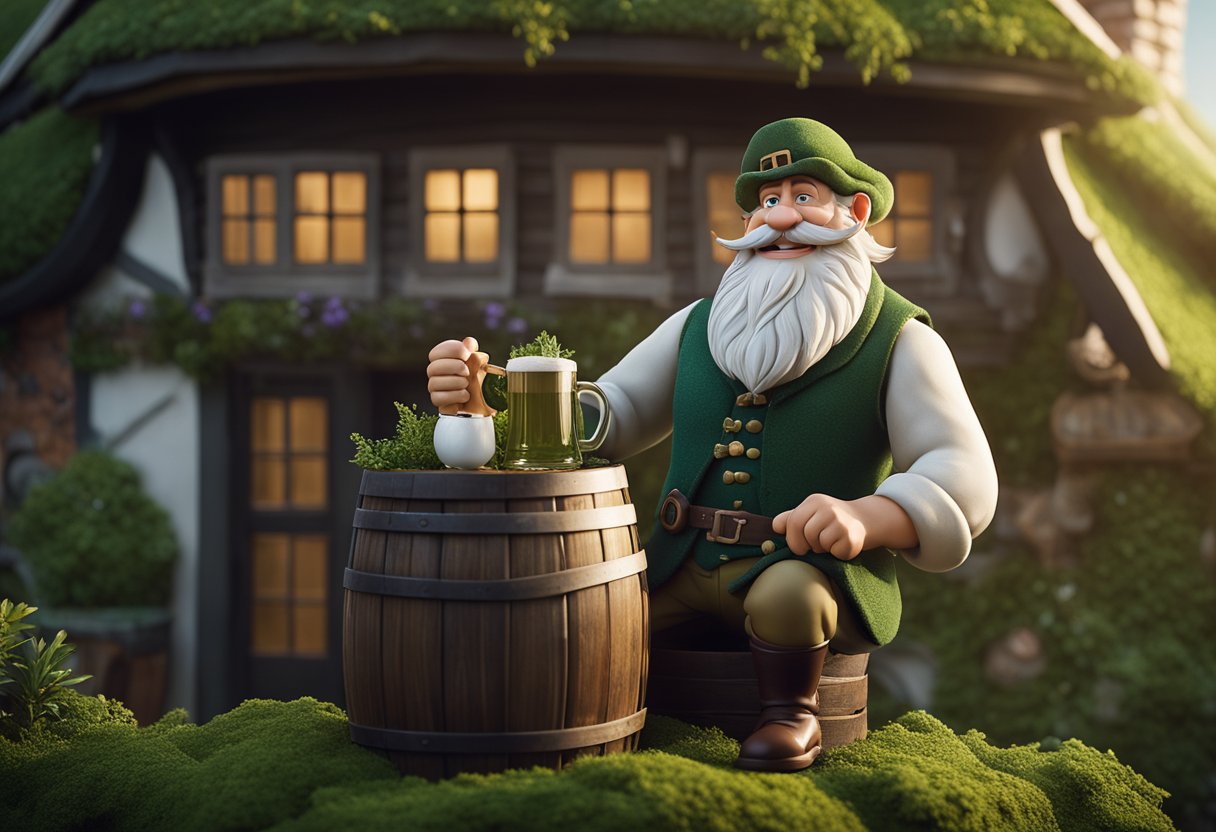 A mischievous Clurichaun sits atop a barrel of ale, surrounded by lush greenery and a quaint Irish cottage. He grins slyly, holding a frothy mug in one hand and a pipe in the other