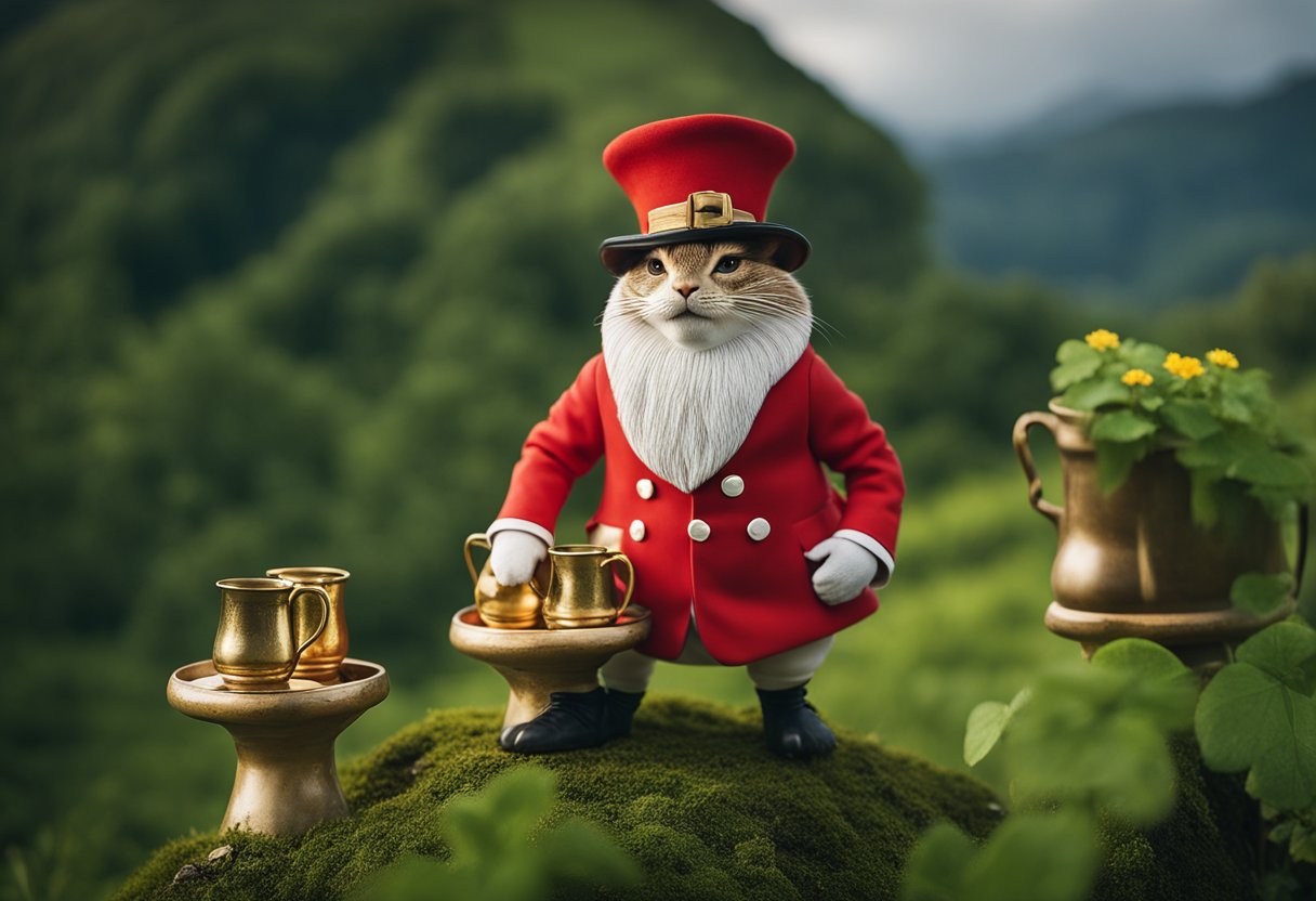 A mischievous Clurichaun sits on a toadstool, surrounded by empty ale mugs and a pot of gold. Its red coat and hat stand out against the lush greenery of the Irish countryside