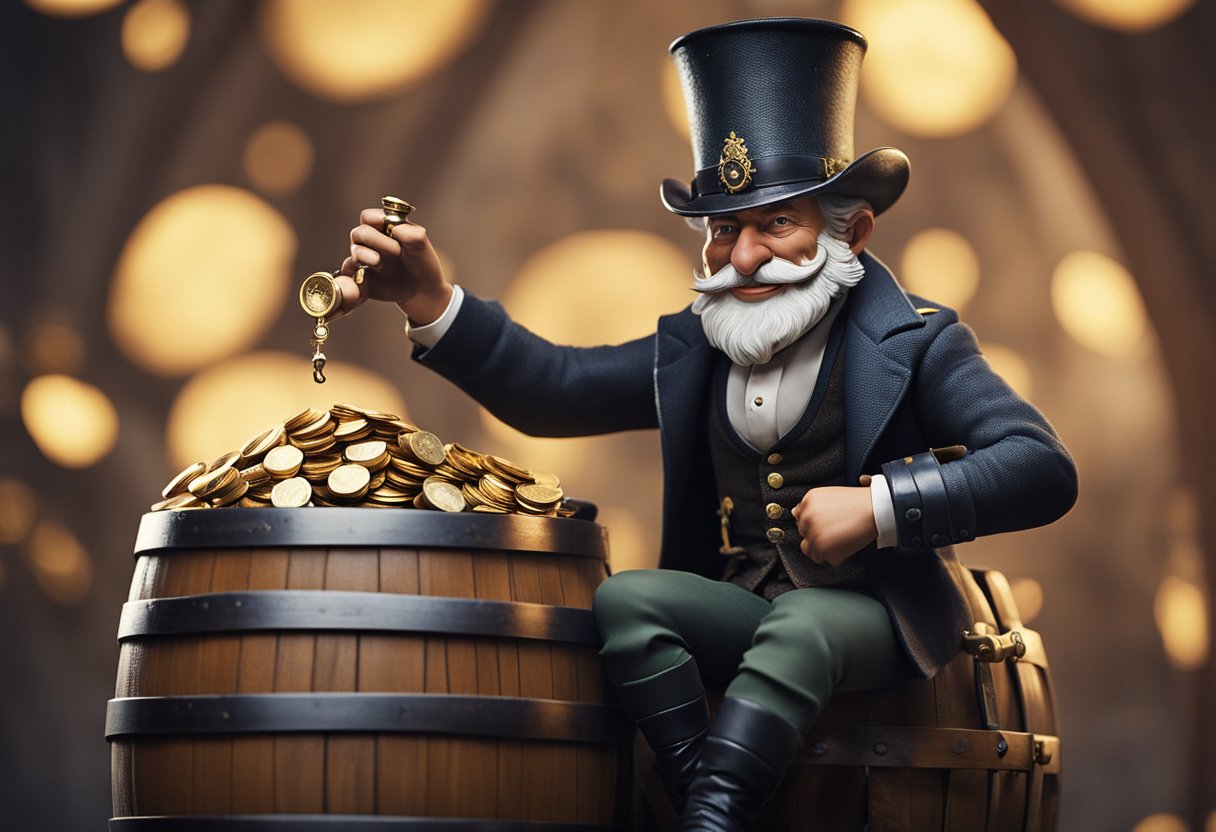 A mischievous Clurichaun sits atop a barrel of ale, surrounded by scattered gold coins and a pipe in hand, with a sly grin on its face