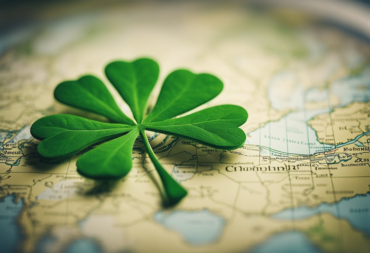 A lush green shamrock resting on a map of the world, with dotted lines connecting it to various countries, symbolizing the spread of Irish customs and identity across the globe