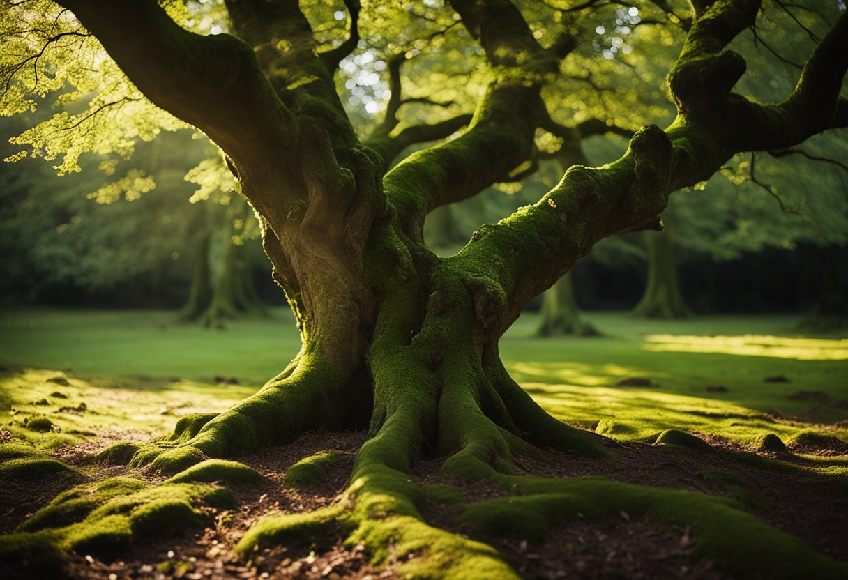 Sacred Forests in Ireland - Sunlight filters through ancient oak trees, casting dappled shadows on moss-covered stones. A sense of reverence fills the air as the forest whispers tales of Ireland's sacred history