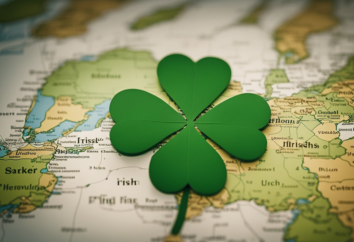 A lush green shamrock surrounded by symbols of Irish folklore and myth, with a map of the world in the background, representing the global preservation of Irish customs