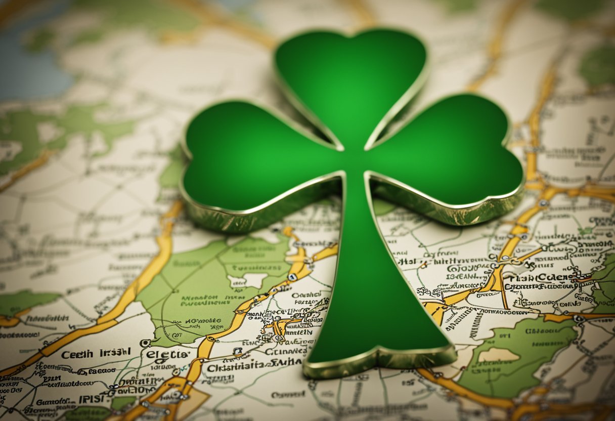 A vibrant green shamrock sits atop a Celtic cross, symbolizing the intertwining of Christianity and Irish culture. A map in the background shows the global reach of Irish customs