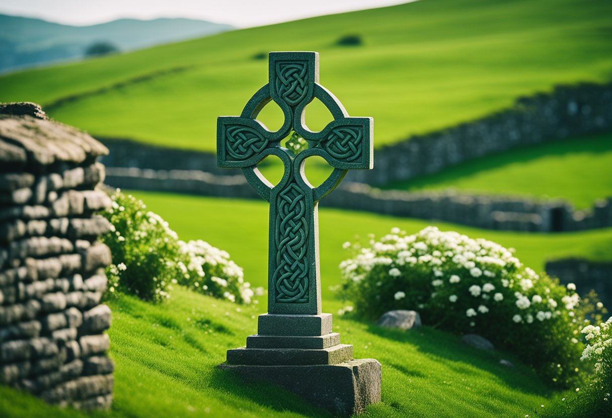 A Celtic cross stands tall amidst rolling green hills, surrounded by ancient stone ruins and a vibrant shamrock patch. Symbols of Irish and Celtic Christian heritage intertwine in the landscape